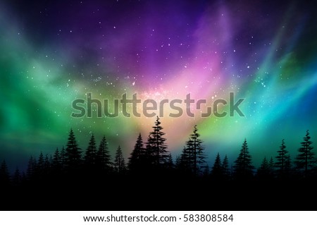 Multicolored northern lights (Aurora borealis) on Canadian forest                                Royalty-Free Stock Photo #583808584