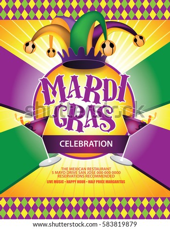 Mardi Gras poster design. Marketing, advertising or invitation template with copy space for your holiday celebration at a bar, restaurant, nightclub or other venue. EPS 10 vector. 