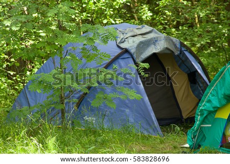 Hiking camp outdoor with tent in forest in summer, wood-side camping site