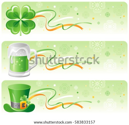 Happy Saint Patrick day border banner set, background. Irish shamrock clover leaf, green beer mug, leprechaun hat, logo icon. Traditional Northern Ireland celtic holiday poster, vector illustration