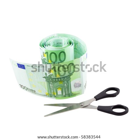 Conceptual photo - toilet paper made from one hundred euro banknotes and scissors, isolated on a white background