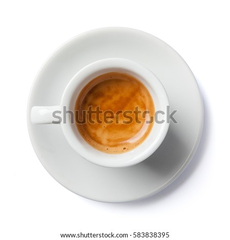 Close up of coffee cup and saucer. Top view, isolated on white. Royalty-Free Stock Photo #583838395