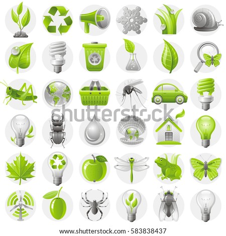 Ecological icon set green icons isolated white background. Environment protection concept. Recycle symbol, Earth globe, garbage can, electric car, light bulb, insect, organic food, wind turbine, water