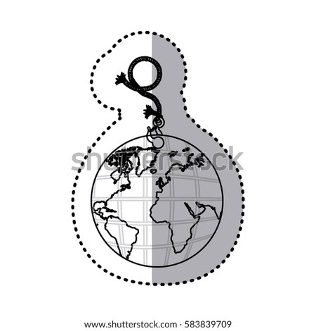 sticker silhouette hanging rope with metal hook and earth world map vector illustration