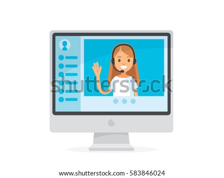 Webinar via video conference chat. Young woman talking chatting over video chat  app. Girl video calling, conversation, using messenger, video conference.