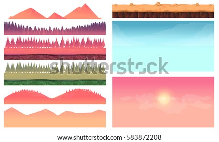 Cartoon nature landscape elements set, platform, trees, sky, hills and forest clip art, isolated on white,2d game application. Vector Illustration for your project