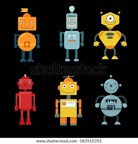 Vector set of funny robots. Illustration in the style of flat and cartoon.
