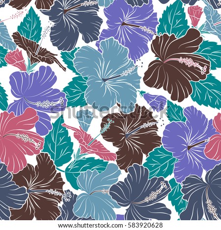 Hibiscus pattern on a white background. Seamless tropical flowers in pink, blue and violet colors.