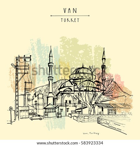 Mosque in Van, Eastern Turkey. Turkish Kurdistan. Hand drawing. Travel sketch. Vintage touristic postcard or poster, book illustration in vector