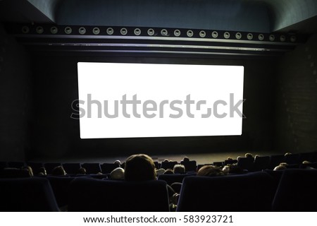 cinema white screen with seats and people silhouettes