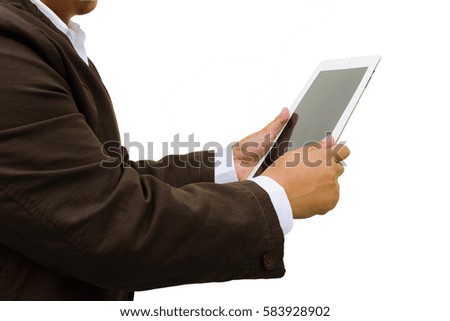Close up Businessman using his Mobile Phone or tablet outdoor , isolated on white background