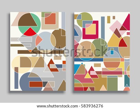 Abstract composition size a4. Colorful header design for flyer, brochure cover. Info banner frame, title sheet model set. Brand logo texture. Colored geometric shapes, figures. Modern art background