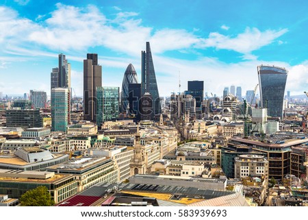Panoramic aerial view of London, skyscrapers in the financial district, England, United Kingdom