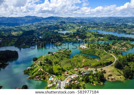 Panoramic view from Rock of Guatape in  Medellin, Colombia Royalty-Free Stock Photo #583977184
