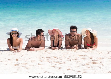 Young People Group On Beach Summer Vacation, Happy Smiling Friends Lying Sand Seaside Sea Ocean Holiday Travel