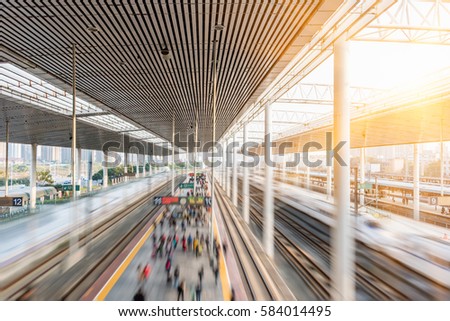 Railroad Platform from modern railway station in city of China. Royalty-Free Stock Photo #584014495