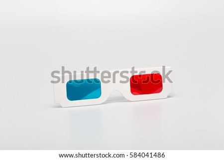 
On a gray background, the various details of the combination of three-dimensional red and blue glasses