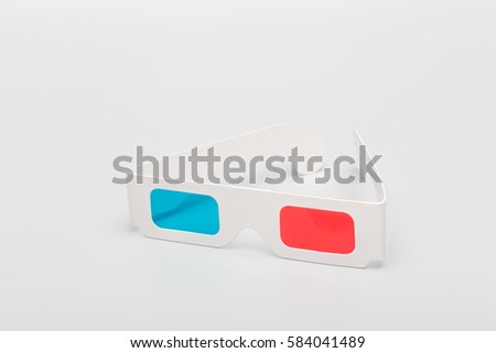 
On a gray background, the various details of the combination of three-dimensional red and blue glasses