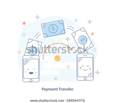 Flat line vector icon concept set: people sending and receiving money, mobile payments using smartphone