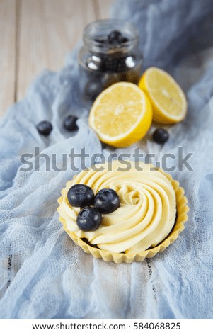 Lemon tartlets with fresh blueberries served on plate white wood background