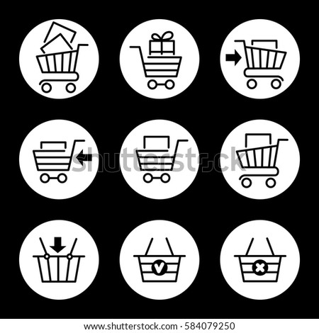 Shopping cart or store trolley line icons isolated on white circles. Vector illustration