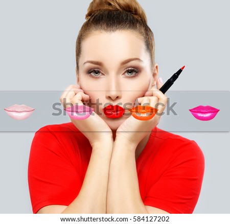Color lips.Set of lipstick , swatches isolated on gray  background.