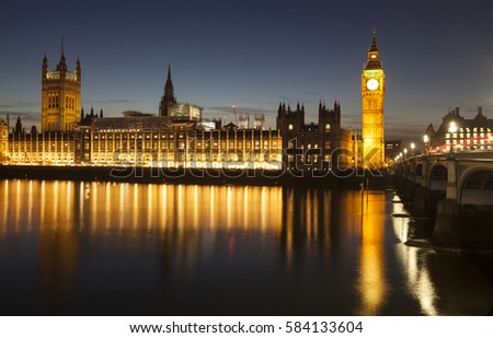 Big Ben and House of Parliament at Night with reflection in Thames river, London, United Kingdom
