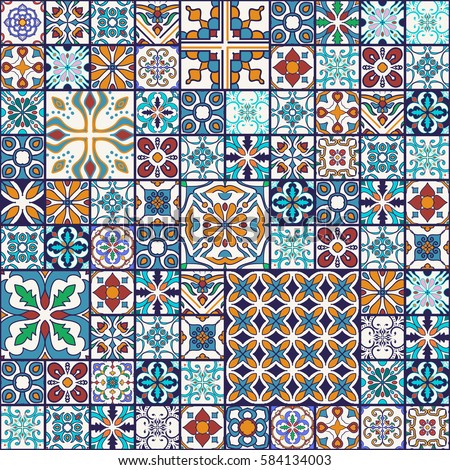 Vector seamless texture. Beautiful mega patchwork pattern for design and fashion with decorative elements. Portuguese tiles, Azulejo, Moroccan ornaments 