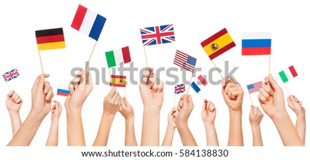Hands holding flags of USA and EU member-states