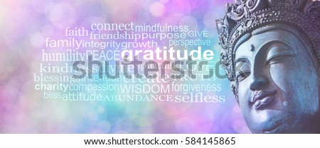 Gratitude Buddhism Word Cloud Banner -  Close up of blue grunge style Buddha head on wide pink blue bokeh background with a GRATITUDE word cloud on left sid