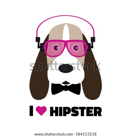 Hipster Dog in glasses and with headphones. Vector illustration.
