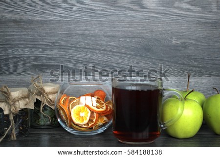 Food and beverages: tea, apple, orange, flower petals, lunch, breakfast, dinner