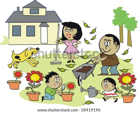 Vector cartoon of smiling family enjoying working outdoors in garden.