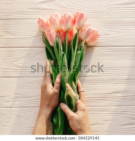 hands holding pink tulips in morning soft light on white rustic wooden background. flat lay spring. instagram blogging workshop concept. space for text