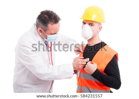Doctor listening to constructors breath or heart with stethoscope like consultation concept isolated on white background