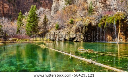 Fallen trees in Hanging Lake, wide angle picture, Glenwood Canyon, Colorado, USA.