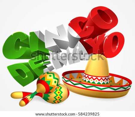 A Mexican Cinco De Mayo label sign decal design with sombrero straw sun hat and maracas shakers