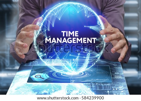 Business, Technology, Internet and network concept. Young businessman shows the word on the virtual display of the future: Time management