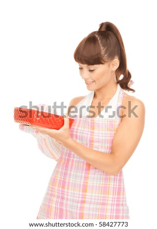 picture of beautiful cooking housewife over white