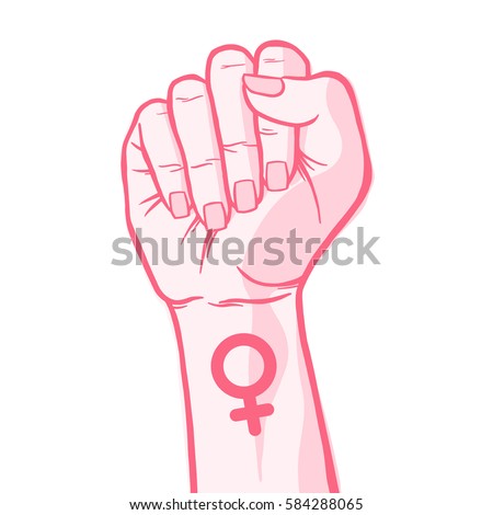 Symbol of feminist movement. Woman hand with her fist raised up. Girl Power. Happy Women's Day concept