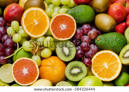 Arrangement ripe fruits and vegetables for eating healthy Royalty-Free Stock Photo #584326444