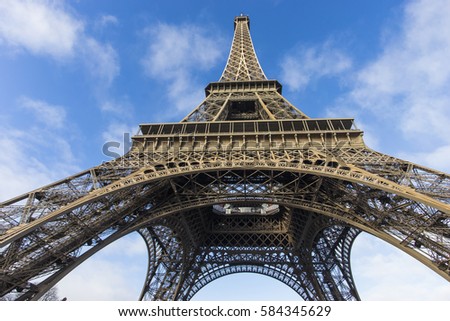 View of Eiffel tower in Paris with clear blue sky