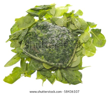 Fresh and Frozen Spinach Isolated on White.