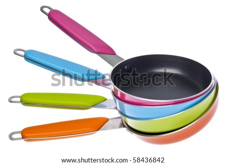 Several Vibrant Frying Pans Isolated on White. Royalty-Free Stock Photo #58436842