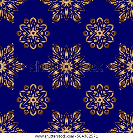 Abstract blue background with golden geometric ornament. Can be used for digital paper, textile print, page fill. Vector seamless pattern in Christmas traditional colors.