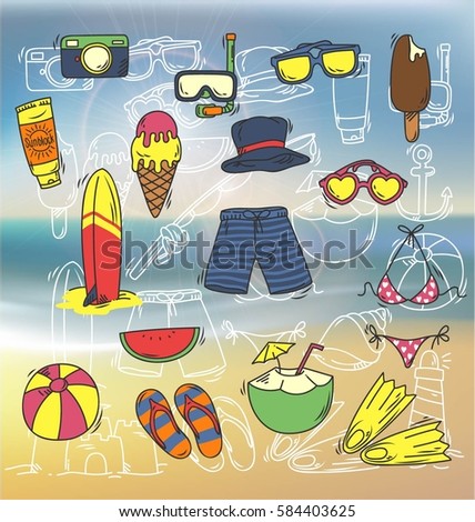 summer doodle isolated on blurred beach background And cheerful color