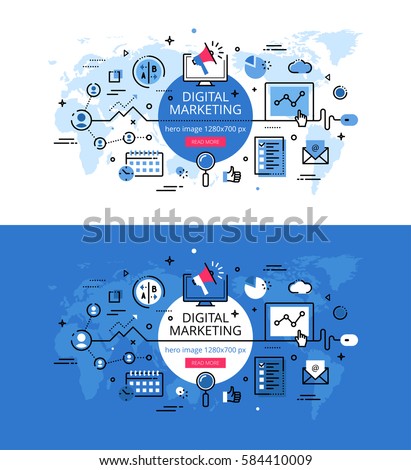 Set of modern vector illustration concepts of digital marketing. Line flat design hero banners for websites and apps with call to action button, ready to use