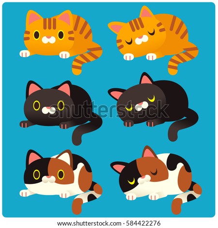 Cute Vector Set of Different Cats Crouching, Sleeping.