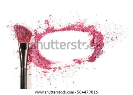 Traces of vibrant pink powder and blush forming a frame, with a makeup brush. A horizontal template for a makeup artist's business card or flyer design, with copy space
