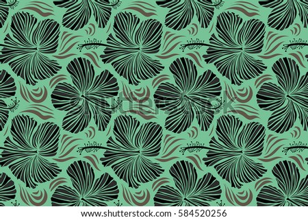 Hibiscus flowers in green and gray colors. Watercolor painting effect, Raster illustration. Of green and gray hibiscus flowers, blossom with leaves isolated. Hand drawn sketch.